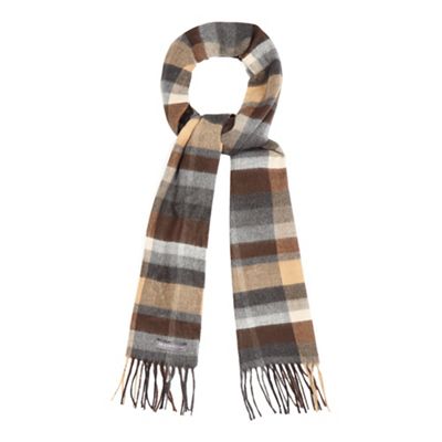 Brown check print fringe scarf